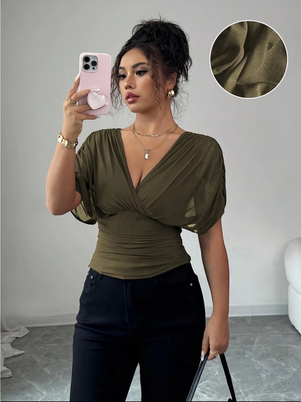 Olive Wrap-Front V-Neck Top - Women's